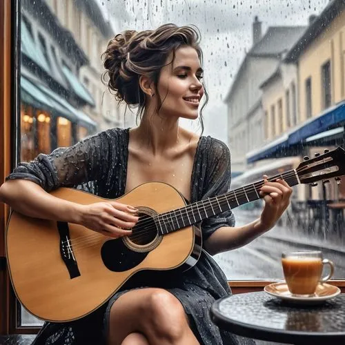 woman at cafe,woman playing,woman drinking coffee,buskin,parisian coffee,troubadour,troubador,street musician,busked,busking,in the rain,serenade,busker,musician,paris cafe,coffeehouse,rainy day,guitar,bareilles,chansonnier,Photography,General,Realistic