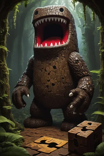 Create a suspenseful scene where a Domo character must solve a mysterious puzzle.,game illustration,adventure game,action-adventure game,cane toad,android game,true toad,meeple,rotglühender poker,ark,