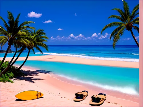 Summer beach wallpaper, vibrant colors, sunny sky, fluffy white clouds, palm trees swaying gently, sandy dunes, seashells scattered, turquoise ocean waves, surfboards lying idle, beach balls inflated,