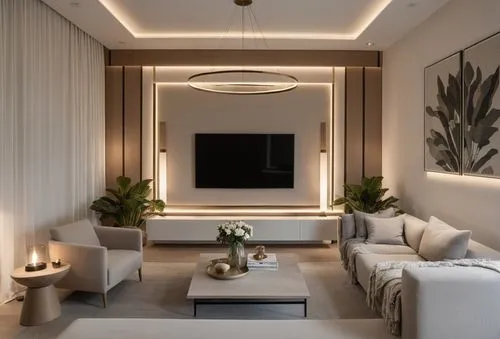 a living room is lit by high ceiling lights,modern minimalist lounge,modern decor,contemporary decor,livingroom,apartment lounge,modern living room,Photography,General,Realistic