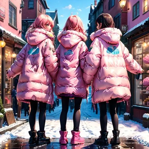 two girls in their big oversized puffy coats they put backwards a puffy coat on a girl in pink puffy coat,two girls are standing in front of a building,walkure,parkas,harajuku,winter clothing,little g