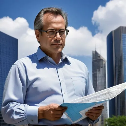 Modern architect, middle-aged man, bespectacled, short brown hair, business casual attire, holding blueprints, standing in front of a skyscraper, cityscape, sunny day, clear blue sky, few white clouds