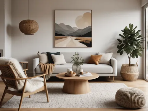 A minimalist living room design, Scandinavian touch, comforting earthly tones, neutral color palette with shades of white, light gray, and warm beige. Simple and functional furniture with clean lines,