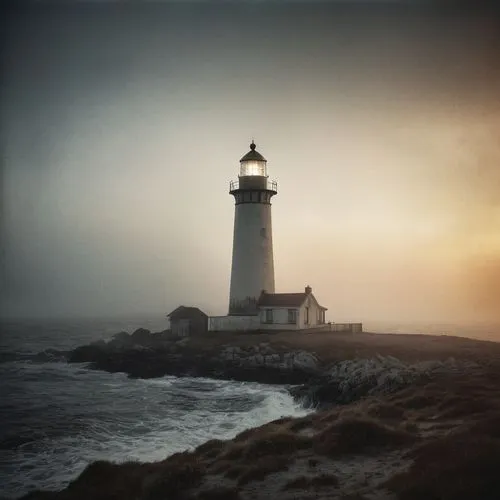 the lighthouse in mist at sunset art print by scott smith and allan brown, in the style of lucy glendinning, michal karcz, kerem beyit, post processing,light house,lightkeeper,lighthouse,lighthouses,e