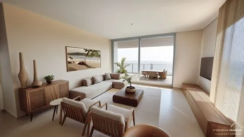 Modern apartment,, beige tones and white walls,  luxurious interior, incorporating fabrics, linen sofa, linen curtains,  rug,morden wood coffee table, glossy marble  floors,minimal decor big paint on 