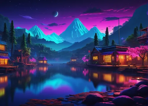 purple landscape,fantasy landscape,landscape background,cartoon video game background,dusk background,night scene,futuristic landscape,aurora village,night glow,nightscape,world digital painting,purple wallpaper,fantasy picture,moonlit night,lagoon,art background,evening lake,background colorful,colorful background,aurora colors,Art,Artistic Painting,Artistic Painting 31