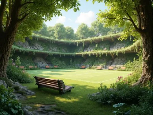 Integrating forest elements, sports field, natural blend, trees surrounding, green grass, wooden benches, vines crawling, flowers blooming, nature-inspired architecture, organic shapes, earthy tones, 