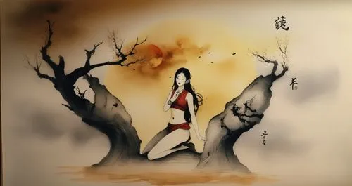 a painting of a woman kneeling on top of a tree,girl with tree,ink painting,hisako,watercolor tree,amaterasu,japanese art,the japanese tree,ugetsu,azula,watercolor background,haibei,khokhloma painting