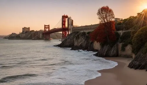 a photography full body of a beautiful caucasian 23 years old  blue eyes, brown hair, red lips wearing a red dress sitting in a beach looking to camera, the Eiffel tower and the Golden Gate Bridge at 