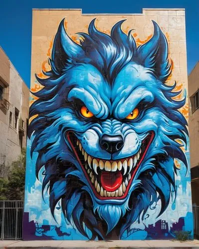 vivid image unfolds, representing the beauty.  jigsaw puzzle werewolf smile with glowing blue and eyes and long , boris vallejo style,roa,fenrir,montpellier,blue tiger,barghuti,dorante,lobo,timberwolv