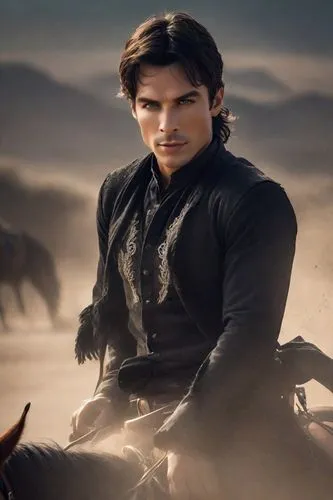 A man riding a horse, dressed in black, in the Mexican desert, in the  night, cowboy black clothes,a man in a black shirt riding on the back of a horse,somerhalder,seregil,shannara,damon,tvd,shahid,Ph