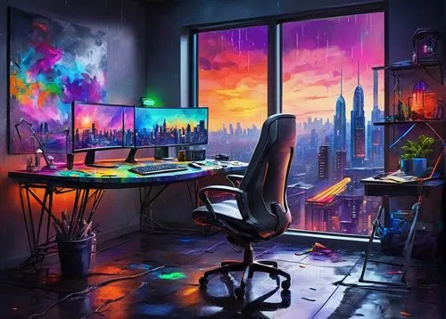 cyberpunk,computer room,computer workstation,computer desk,creative office,world digital painting,computer,desk,computer art,blur office background,modern office,desktop computer,study room,trip computer,girl at the computer,night administrator,man with a computer,working space,office chair,colorful city,Illustration,Paper based,Paper Based 24