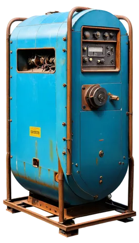 industrial generator, metallic body, copper wires, steel frame, mechanical details, complex machinery, blue paint, rusted edges, worn-out surface, dramatic lighting, high contrast, 3/4 composition, sh