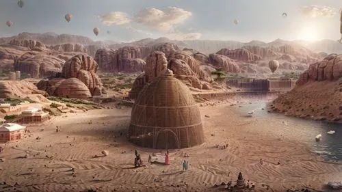 desert desert landscape,desert landscape,arid landscape,the desert,desert planet,capture desert,arid land,desert background,ancient city,desert,stone desert,anthill,mud village,futuristic landscape,virtual landscape,moon valley,mushroom landscape,arid,digital compositing,caravanserai