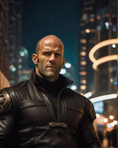 (((Jason Statham as The Metabaron))) (((He is bald, bulk, and a dressed with black clothes and a black jacket))) from The Incal, in a movie adaptation. Realistic detailed.,statham,messalla,riddick,mor