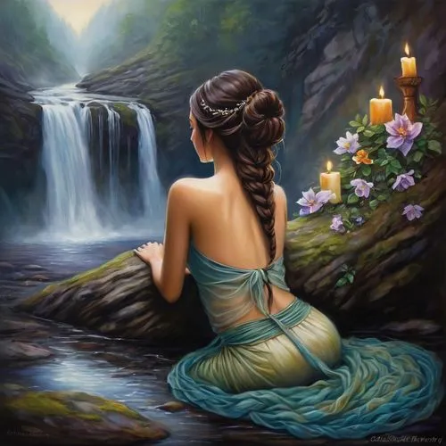 fantasy picture,fantasy art,mystical portrait of a girl,water nymph,oil painting on canvas,romantic scene,contemplation,faery,celtic woman,enchantment,romantic portrait,art painting,oil painting,woman at the well,naiad,waterval,faerie,amphitrite,faires,inara,Conceptual Art,Daily,Daily 34