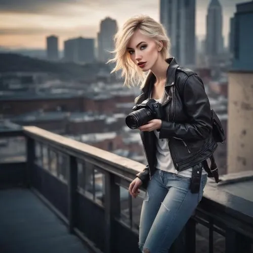 the blonde photographer,on the roof,portrait photographers,a girl with a camera,cool blonde,portrait photography,blonde woman,leather jacket,photographer,female model,rooftops,rooftop,city ​​portrait,