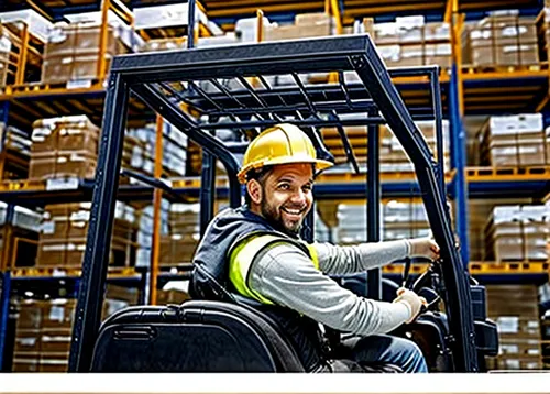 white man driving a forklift looking backwards and smiling,forklift,warehouseman,forklift truck,fork lift,courier software,drop shipping,logistic,euro pallets,fork truck,pallet jack,distributor,courie