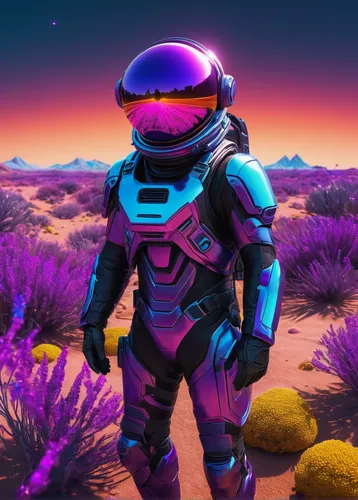 space explorer, duplication glitch, futuristic suit, holographic interface, floating items, vibrant colors, alien planet, low gravity pose, transparent visor, LED lights on suit, high-tech backpack, r