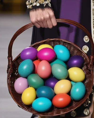 Create a mysterious scene where a basket of colorful eggs possesses magical powers.,easter eggs brown,colorful sorbian easter eggs,easter eggs,easter-colors,candy eggs,easter basket,sorbian easter egg