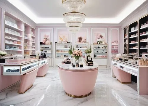 Modern beauty shop interior, luxurious atmosphere, marble floor, crystal chandelier, white shelves, glass counters, metallic racks, elegant wooden cabinets, softbox lighting, spotlights on products, f