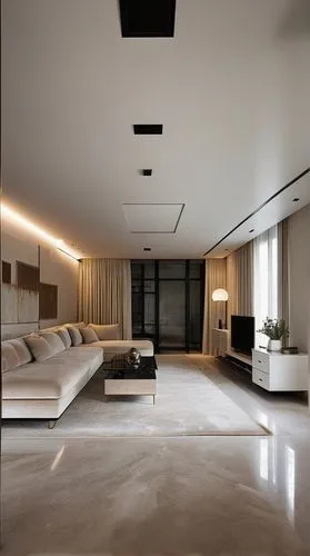 flat screen TV, only one floor to ceiling window on the front side, air condition, pendant light, urban view,concrete ceiling,interior modern design,contemporary decor,luxury home interior,modern room