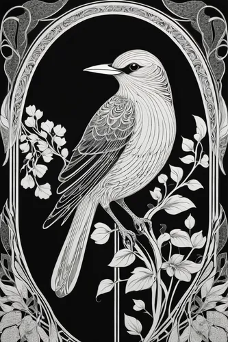 flower and bird illustration,corvidae,gray bird,bird illustration,floral and bird frame,brewer's blackbird,an ornamental bird,coat of arms of bird,ornamental bird,songbirds,magpie,song bird,old world oriole,old world flycatcher,bird pattern,emblem,art nouveau design,the finch,blackbird,birdlife,Illustration,Retro,Retro 08