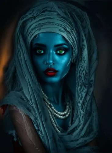 a woman with makeup on and head covered in blue paint,kalima,blue enchantress,ancient egyptian girl,inanna,mystique,wadjet,Illustration,Realistic Fantasy,Realistic Fantasy 46