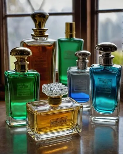 Classic photography, perfume glasses, men's classic perfume, cologne water, different colors, blue, green and translucid, different shapes, golden and silver labels, vintage, realistic, in a victorian