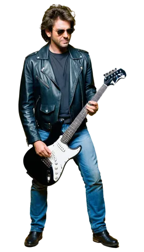 Electric guitar, black body, white pickguard, silver tuning pegs, six strings, whammy bar, solo, rockstar, mature man, messy hair, sunglasses, leather jacket, blue jeans, boots, standing, playing, spo