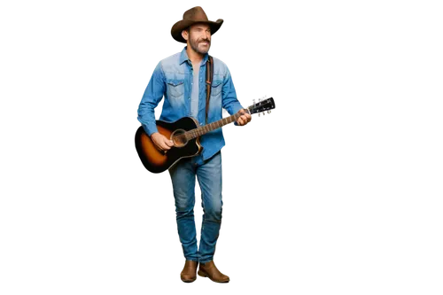 Cowboy, rugged, mature man, strong facial features, messy brown hair, worn leather hat, thick beard, denim shirt, cowboy boots, holding guitar, standing, relaxed posture, rustic wooden background, war