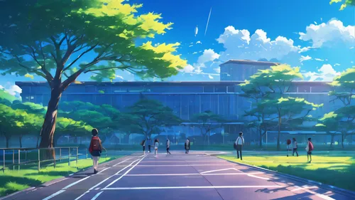 tennis court,basketball court,backgrounds,heavy object,baseball field,sakura background,soccer field,world end,track,baseball park,scenery,school design,walk in a park,euphonium,forest ground,dream world,fantasy city,summer day,springtime background,summer background,Illustration,American Style,American Style 03