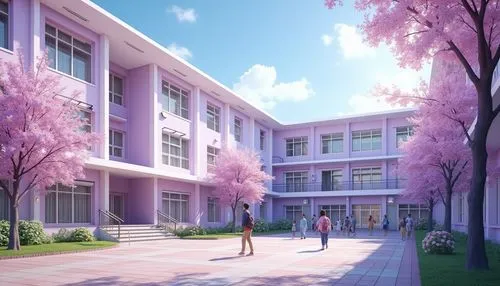 Lilac-themed school building, modern architecture, vibrant lilac walls, white accents, large windows, natural light, courtyard with lilac trees, blooming flowers, greenery, students walking, backpacks