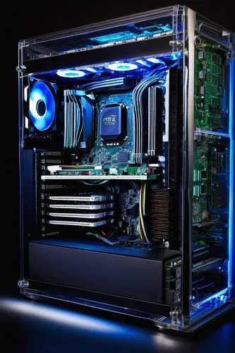 Modern desktop computer, CPU tower case, metallic material, intricate circuit boards, LED lights, cooling fans, transparent glass side panel, internal cabling, motherboard, RAM sticks, graphics card, 