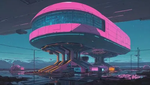 futuristic landscape,electrohome,scifi,cybertown,spaceport,futuristic,space port,arcology,cybercity,sky apartment,outpost,sky space concept,synth,spaceland,technodrome,futuristic art museum,futuristic architecture,cyberia,sci - fi,jetsons,Conceptual Art,Sci-Fi,Sci-Fi 10