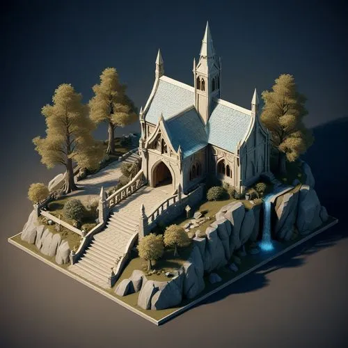 Rivendell, isometric 3d perspective, elves forge, transparent background,,an old church next to a rock wall,tilt shift,3d render,3d model,3d rendering,3d rendered,little church