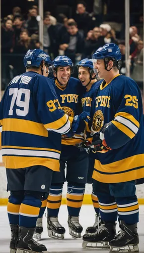 Describe a heartwarming scene where FDNY and NYPD players come together after the hockey game to celebrate their mutual respect.,college ice hockey,ice bears,the bears,the buds,huddle,hockey pants,ice