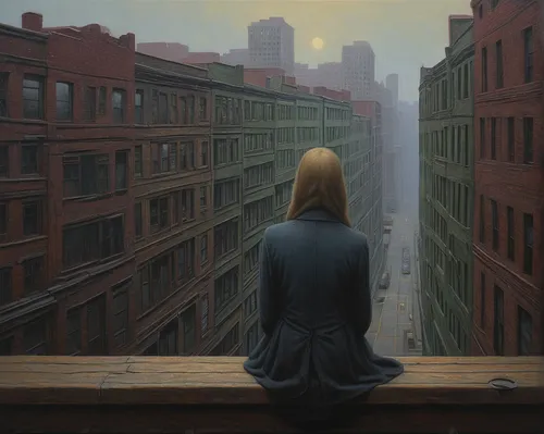 woman thinking,highline,rooftops,cityscape,city view,city ​​portrait,flatiron,loneliness,distant vision,city scape,world digital painting,overlook,viewpoint,evening atmosphere,the girl at the station,girl in a long,sci fiction illustration,longing,above the city,evening city,Conceptual Art,Daily,Daily 30