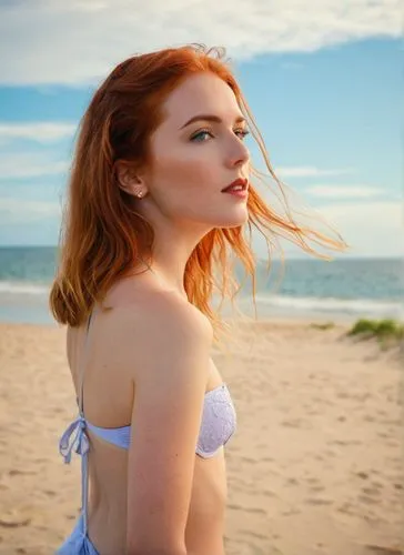  a portrait half body of a caucasian girl, aged between 23 years, red hair, blue eyes, red lips, stand tall on the sandy shore of a tropical beach. She's wearing a  black bikini . The beach is filled 