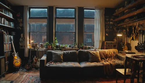 the living room of a photographer,livingroom,living room,loft,bookshelves,interiors,bookcase,great room,sitting room,one-room,an apartment,one room,bookshelf,book wall,danish room,playing room,apartment,attic,reading room,winter window,Photography,General,Fantasy