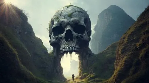 a skull in the middle of a mountain trail,parasnath,shannara,valley of death,dead earth,skull statue,death's head