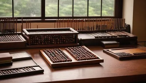 Modern abacus, traditional Japanese enterprise setting, ornate wooden desk, intricate carvings, softbox lighting, shallow depth of field, nostalgic atmosphere, warm colors, retro style, old-fashioned 