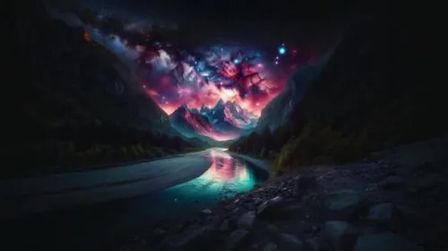 the colors in this po are so beautiful,chasm,oxenhorn,hesychasm,ice cave,descent,enchantments,alien world,the descent to the lake,nothern lights,space art,bioluminescent,interdimensional,extradimensio