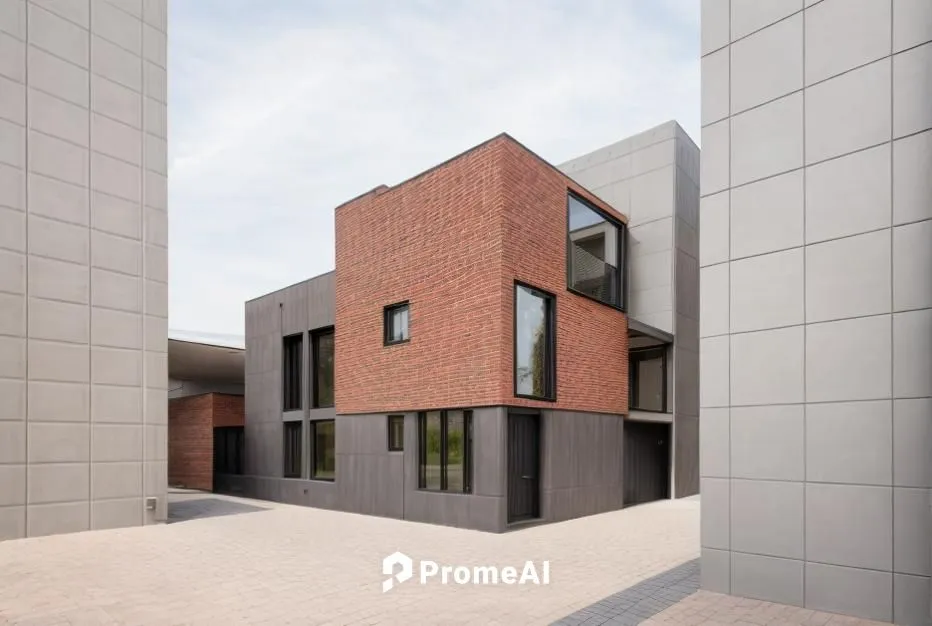 The modern brown brick house features a minimalist style with a dark gray painted ground floor and back. Located in an urban area, the design includes large windows for natural light. The materials us