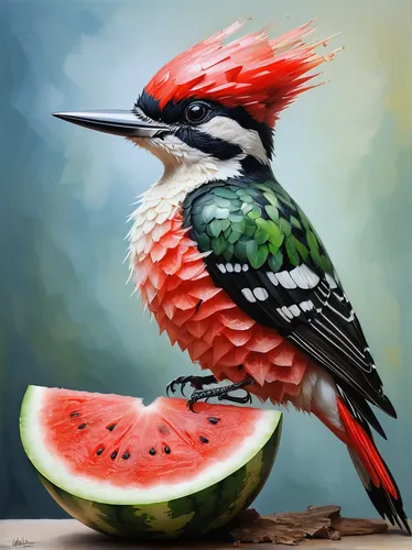 watermelon painting,bird painting,woodpecker bird,woodpecker,tropical bird,nature bird,bird illustration,exotic bird,bird hummingbird,ornamental bird,an ornamental bird,colorful birds,coastal bird,kookaburra,tropical bird climber,tropical birds,pileated woodpecker,kookabura,bird drawing,red beak,Conceptual Art,Oil color,Oil Color 03