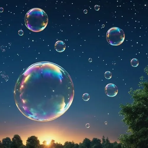 large soap bubbles float in space and fireflies shine brightly directing their rays in the sky,soap bubble,giant soap bubble,soap bubbles,inflates soap bubbles,bubbles,frozen soap bubble,make soap bub