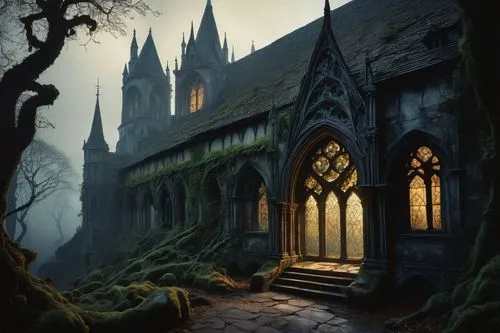 haunted cathedral,ravenloft,gothic church,gothic,witch's house,gothic style,neogothic,cathedral,the black church,dark gothic mood,black church,nidaros cathedral,hall of the fallen,cathedrals,shadowgate,witch house,crypts,sunken church,monastery,world digital painting,Illustration,Retro,Retro 25