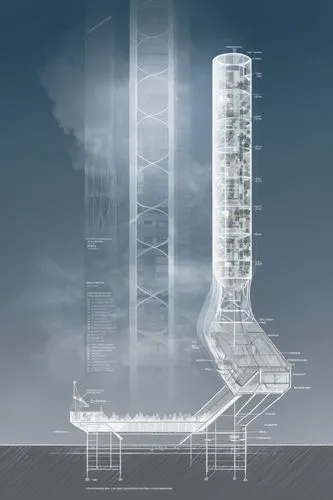 tower megalopolis section to scale based on altered carbon,an architectural drawing of the side of a tall building,unbuilt,the energy tower,precipitator,vab,high-rise building,cooling tower,Unique,Des