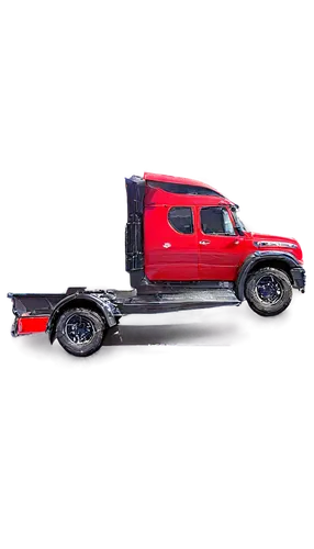 Red Mercedes truck, shiny metallic paint, detailed headlights, black grille, chrome bumper, 18-inch alloy wheels, fat tires, side steps, rearview mirrors, truck bed, cargo net, driver sitting, hands o