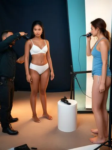 A model is being prepared for her next photo shooting.,the pographer is taking pictures of two beautiful women,bikinis,bathing suit,body positivity,objectification,shapewear,waste of a photo shoot,Pho